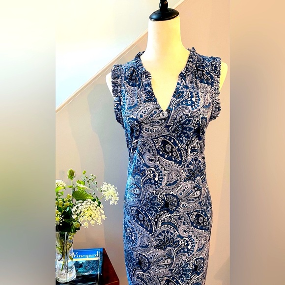 MICHAEL KORS Paisley Dress Floral V-Neck Ruffle Sleeveless Blue White - Picture 1 of 11